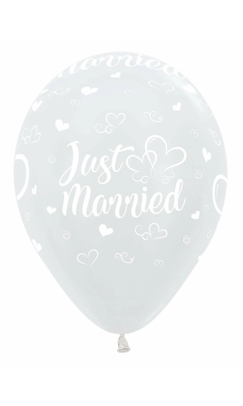 Satin Pearl White Just Married Hearts - 12" Latex Balloon