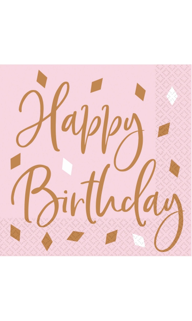 Rose Gold Happy Birthday Napkins 33 x 33cm - 16pk