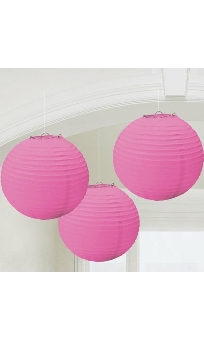 Bright Pink Paper Lantern Decorations 24.1cm - 3pk