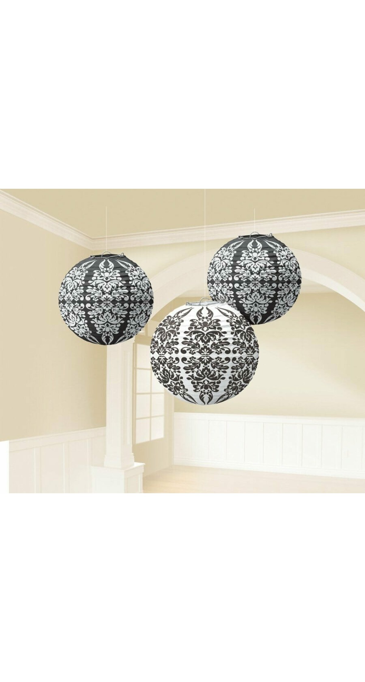 Black Damask Paper Lanterns 24.1cm - 3pk