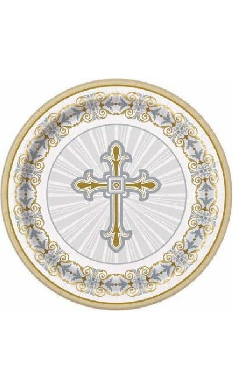 Radiant Cross Silver & Gold Paper Plates 21.9cm - 8pk