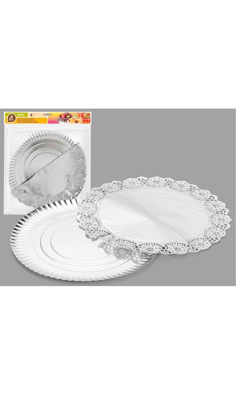 S/1 ROUND TRAY WITH SILVER DOILY 30 CM