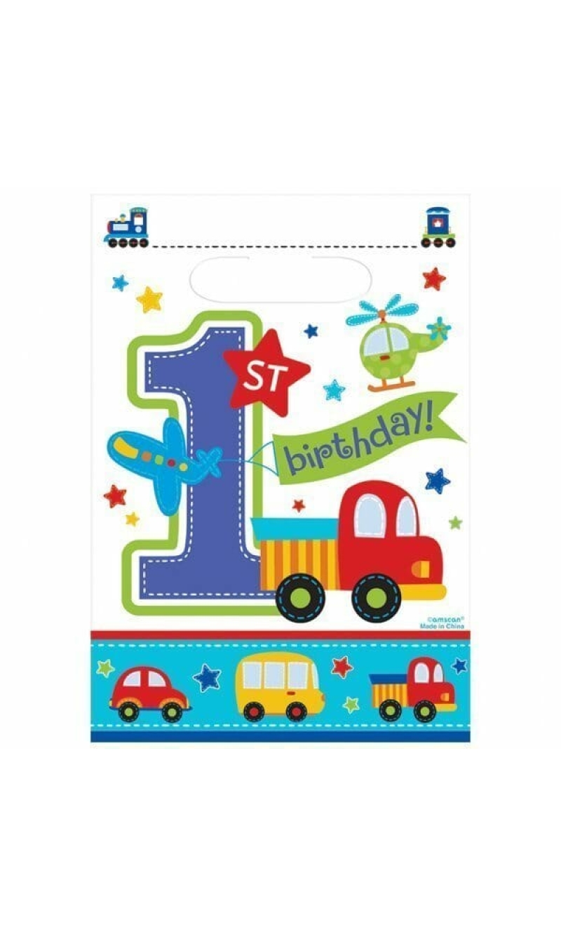 All Aboard 1st Birthday Boy Plastic Party Bags - 8pk