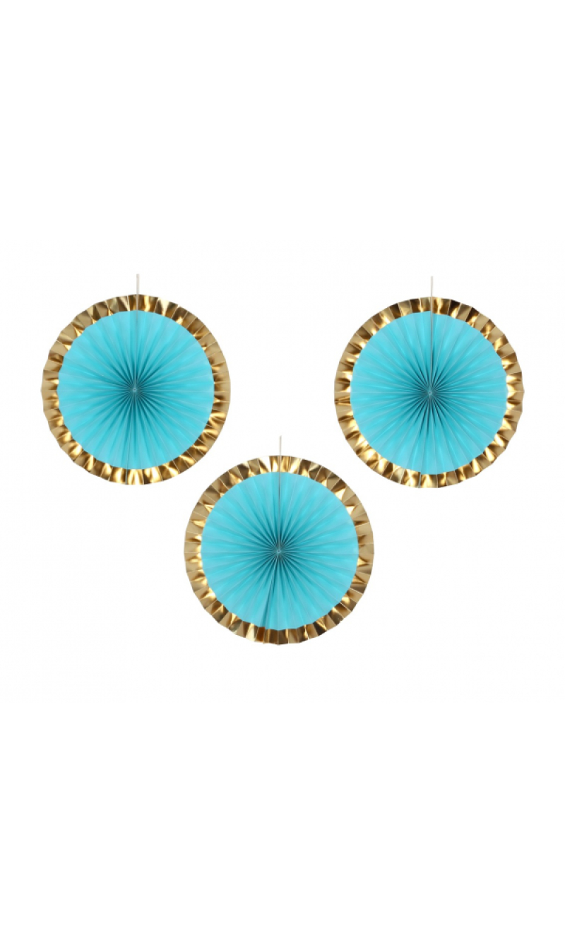 Blue & Gold Hanging Decoration Paper Fan 40cm - 3pk