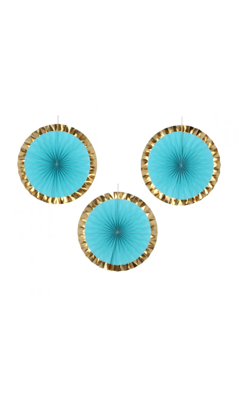 Blue & Gold Hanging Decoration Paper Fan 40cm - 3pk