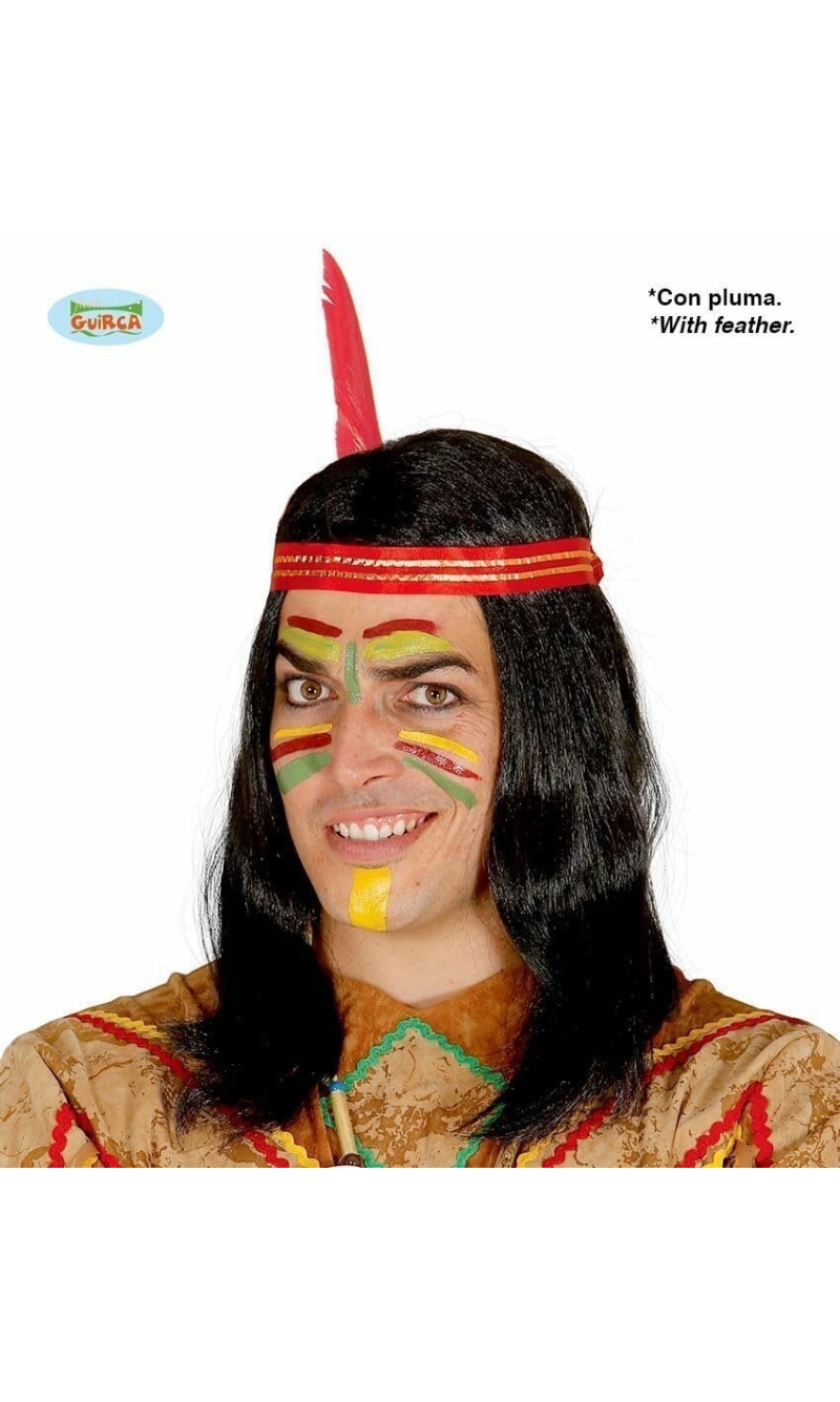Black Indian Wig With Feather - Adult One Size