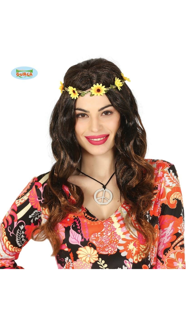 Hippie Wig With Flower Tiara - Adult One Size