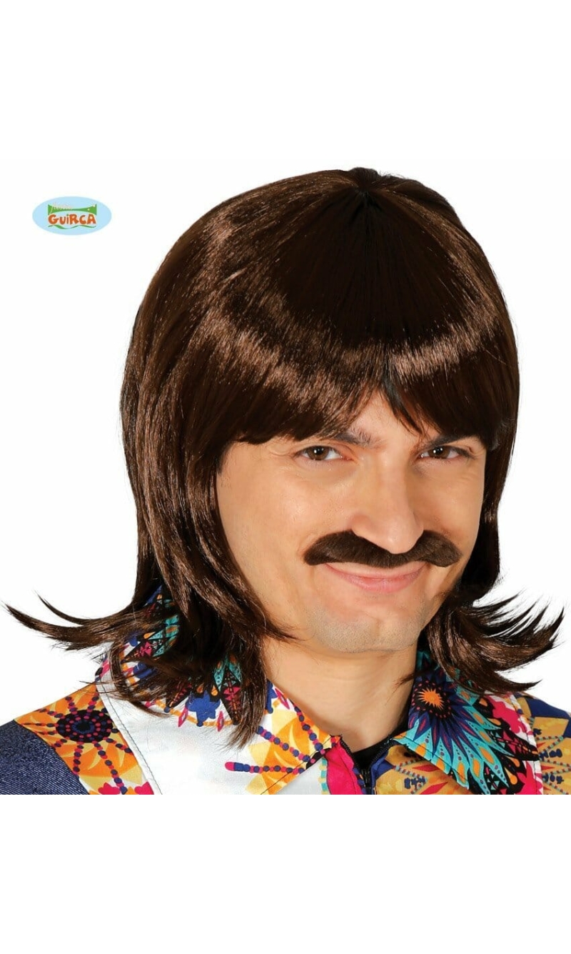 Brown 70's Wig With Moustache - Adult One Size