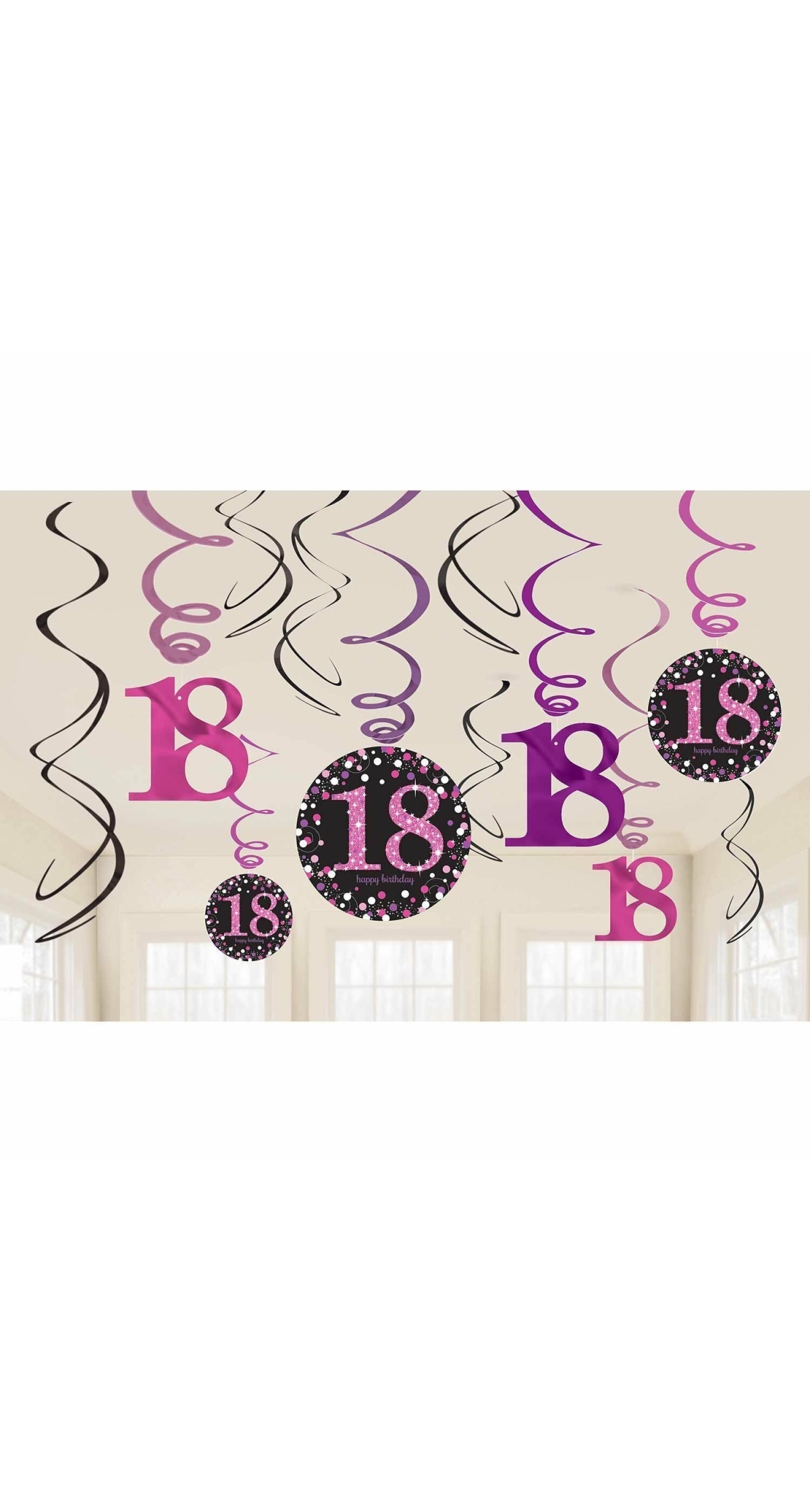 18th Pink Sparkling Celebration Hanging Swirl Decorations - 12pk