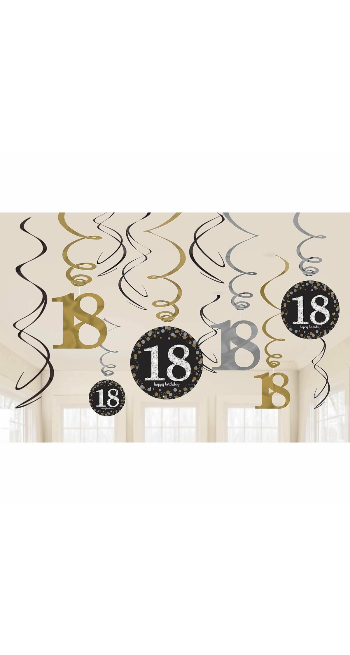 18th Gold Sparkling Celebration Hanging Swirl Decorations - 12pk