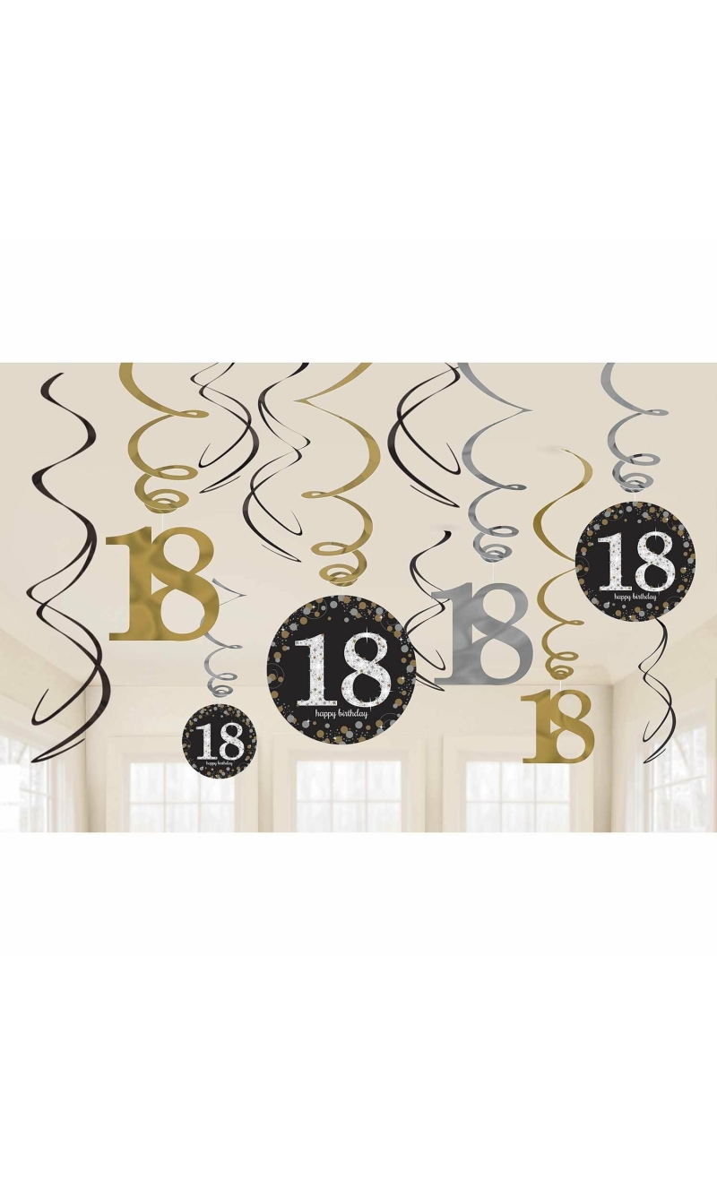 18th Gold Sparkling Celebration Hanging Swirl Decorations - 12pk