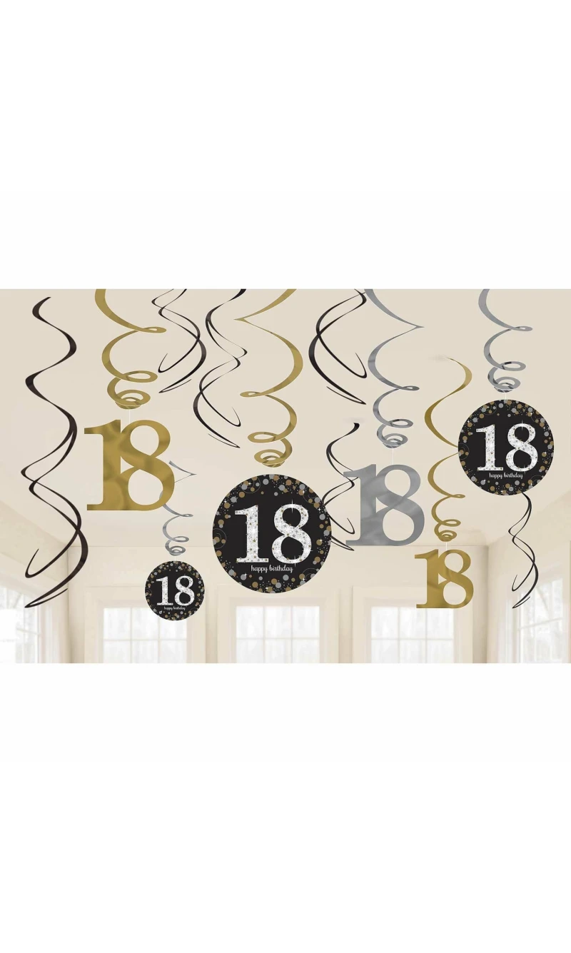 18th Gold Sparkling Celebration Hanging Swirl Decorations - 12pk