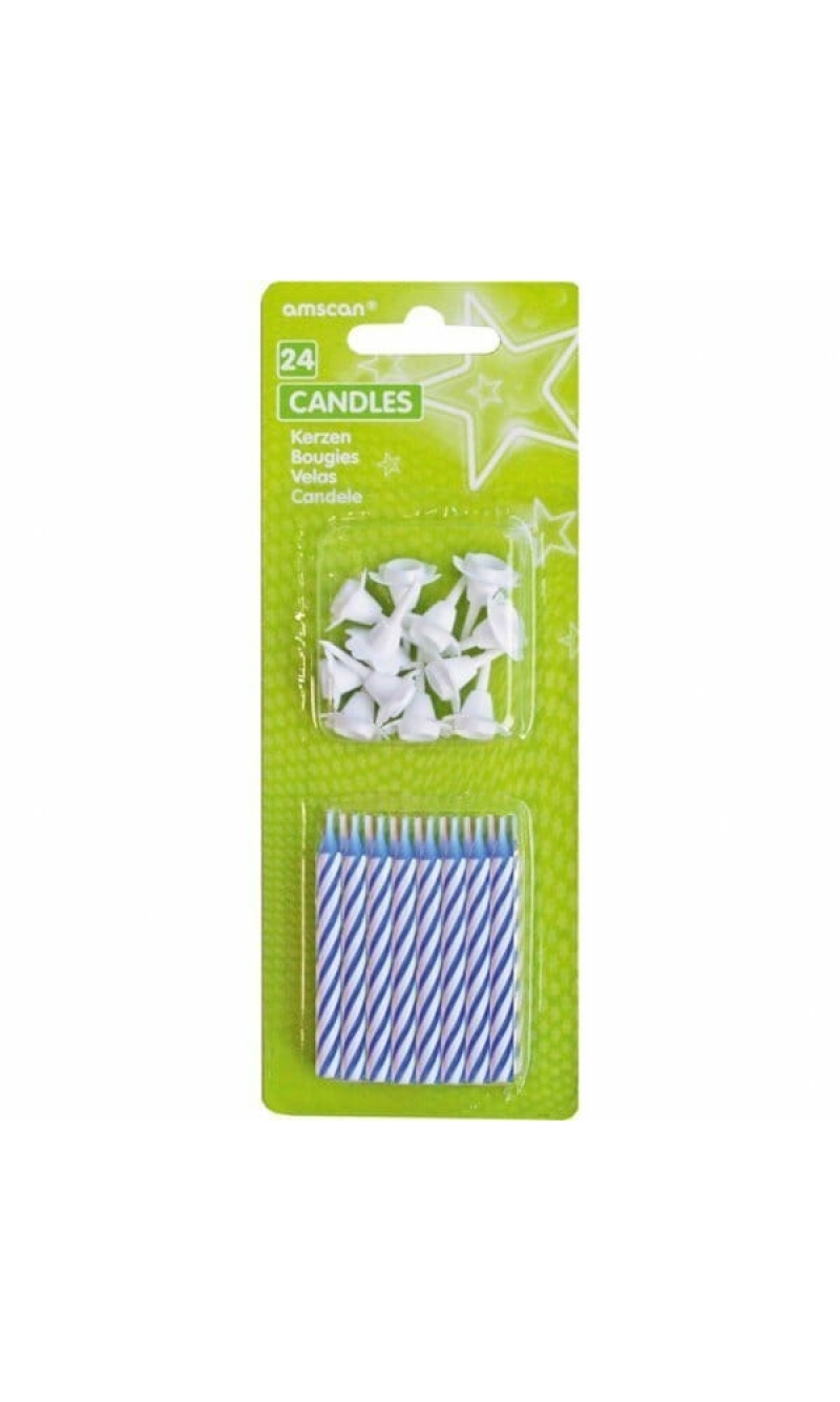 Candles Blue Stripe with 12 Holders - 24pk