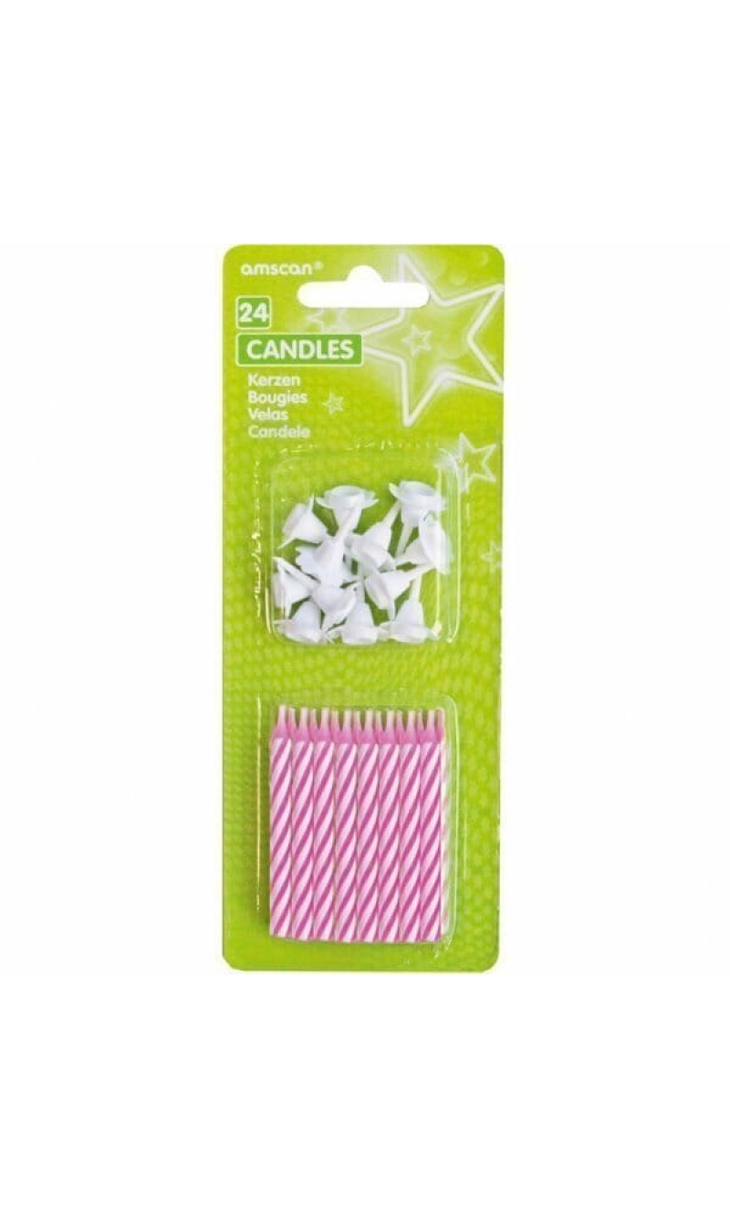 Candles Pink Stripes with 12 Holders - 24pk
