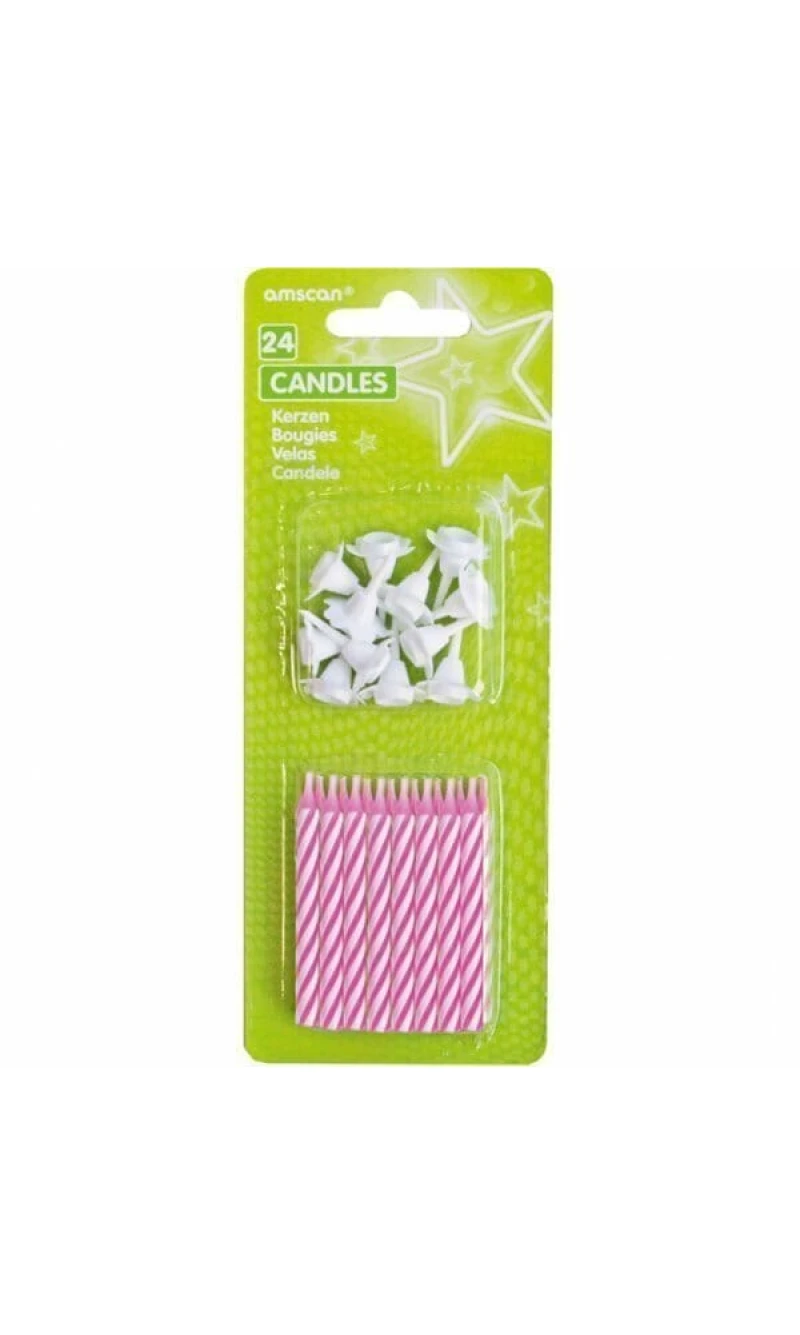 Candles Pink Stripes with 12 Holders - 24pk
