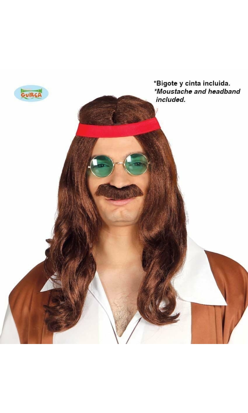 Hippy Wig With Moustache - Adult One Size