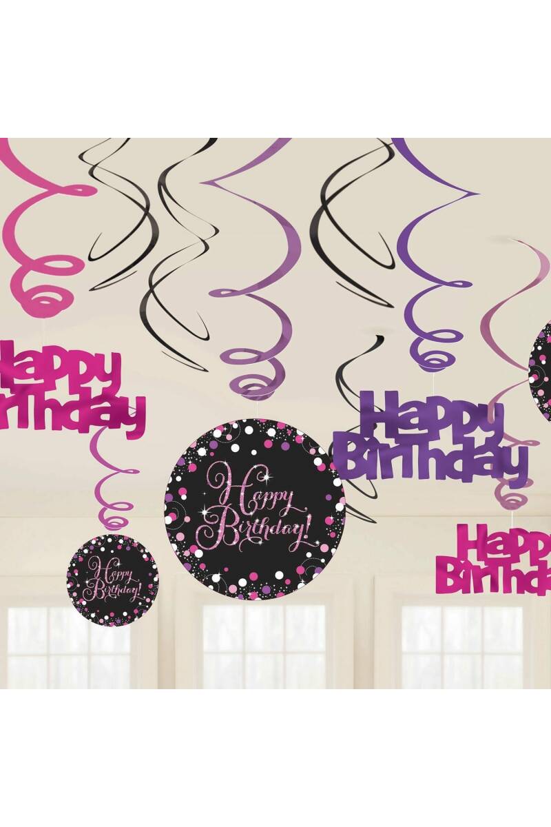Happy Birthday Pink Sparkling Celebration Hanging Swirl Decorations - 12pk