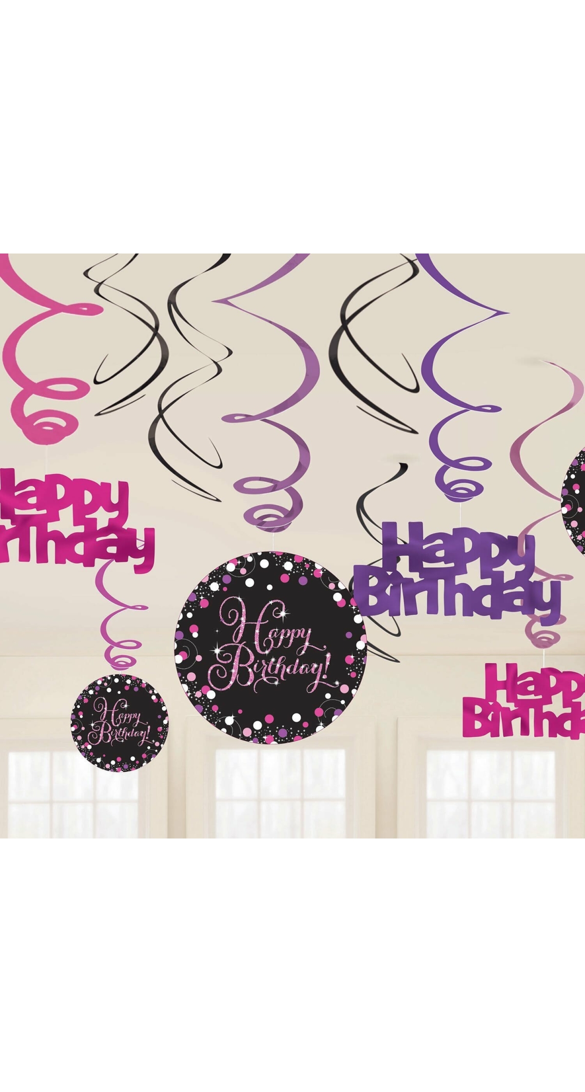 Happy Birthday Pink Sparkling Celebration Hanging Swirl Decorations - 12pk