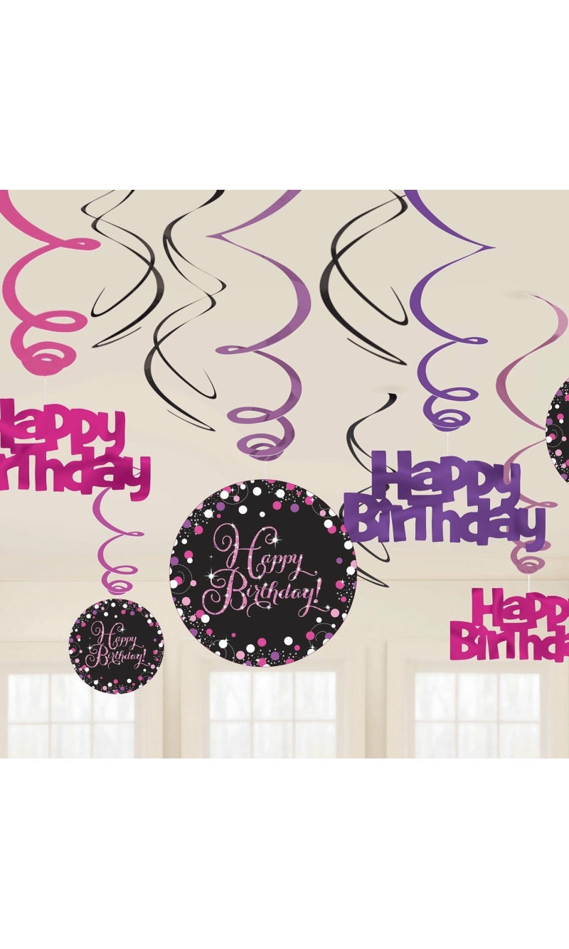 Happy Birthday Pink Sparkling Celebration Hanging Swirl Decorations - 12pk