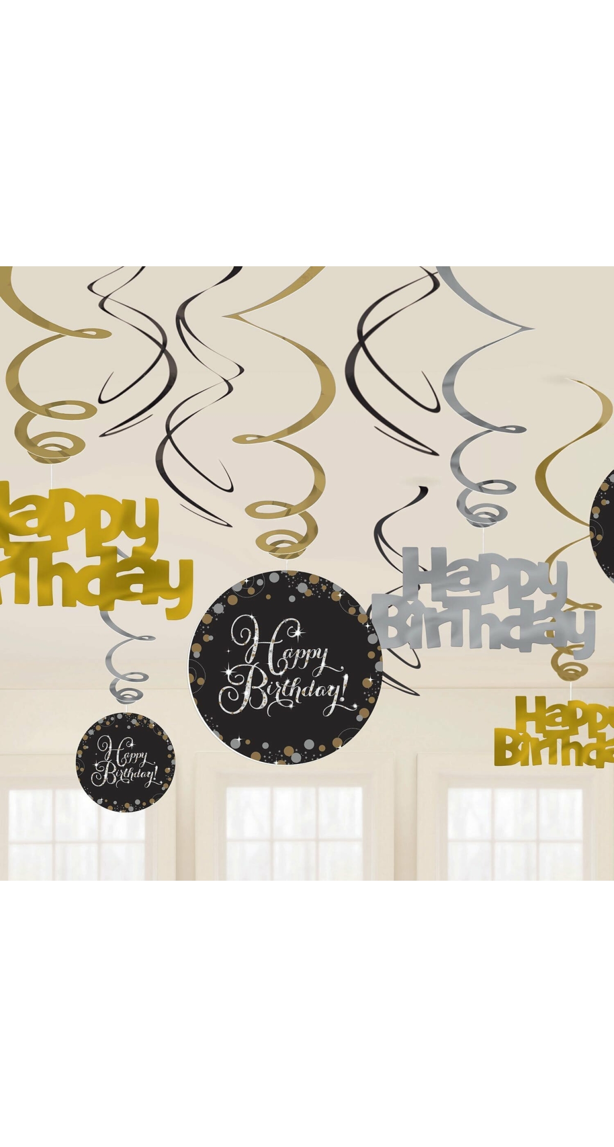 Happy Birthday Gold Sparkling Celebration Hanging Swirl Decorations - 12pk