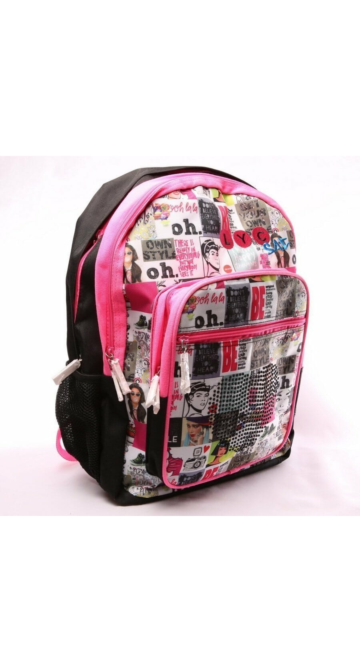 Girl's Pink & Black Assorted Printed Collage Backpack with 3 Compartments - 46cm x 34cm