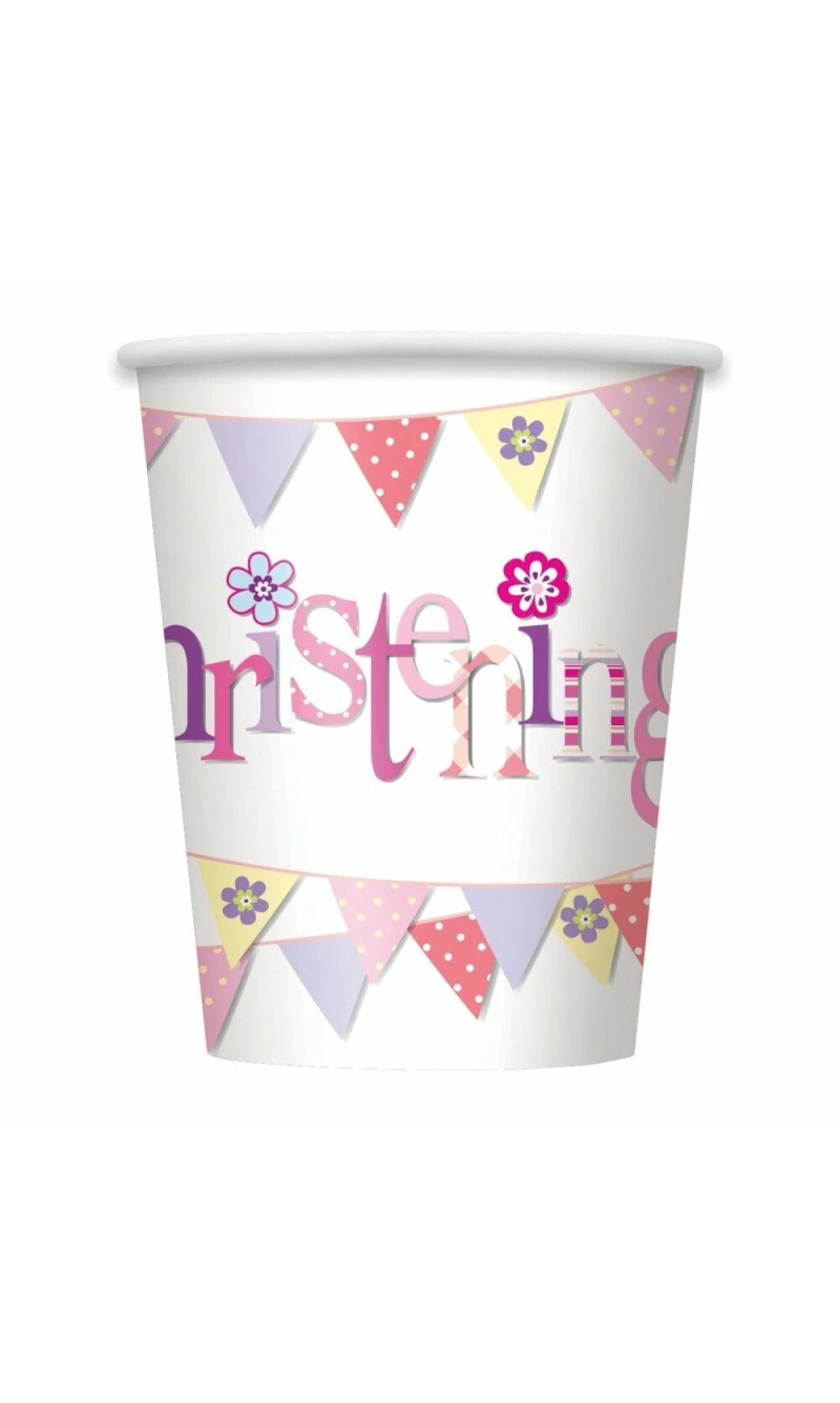 Pink Bunting Christening 9oz Paper Cups - 8pk