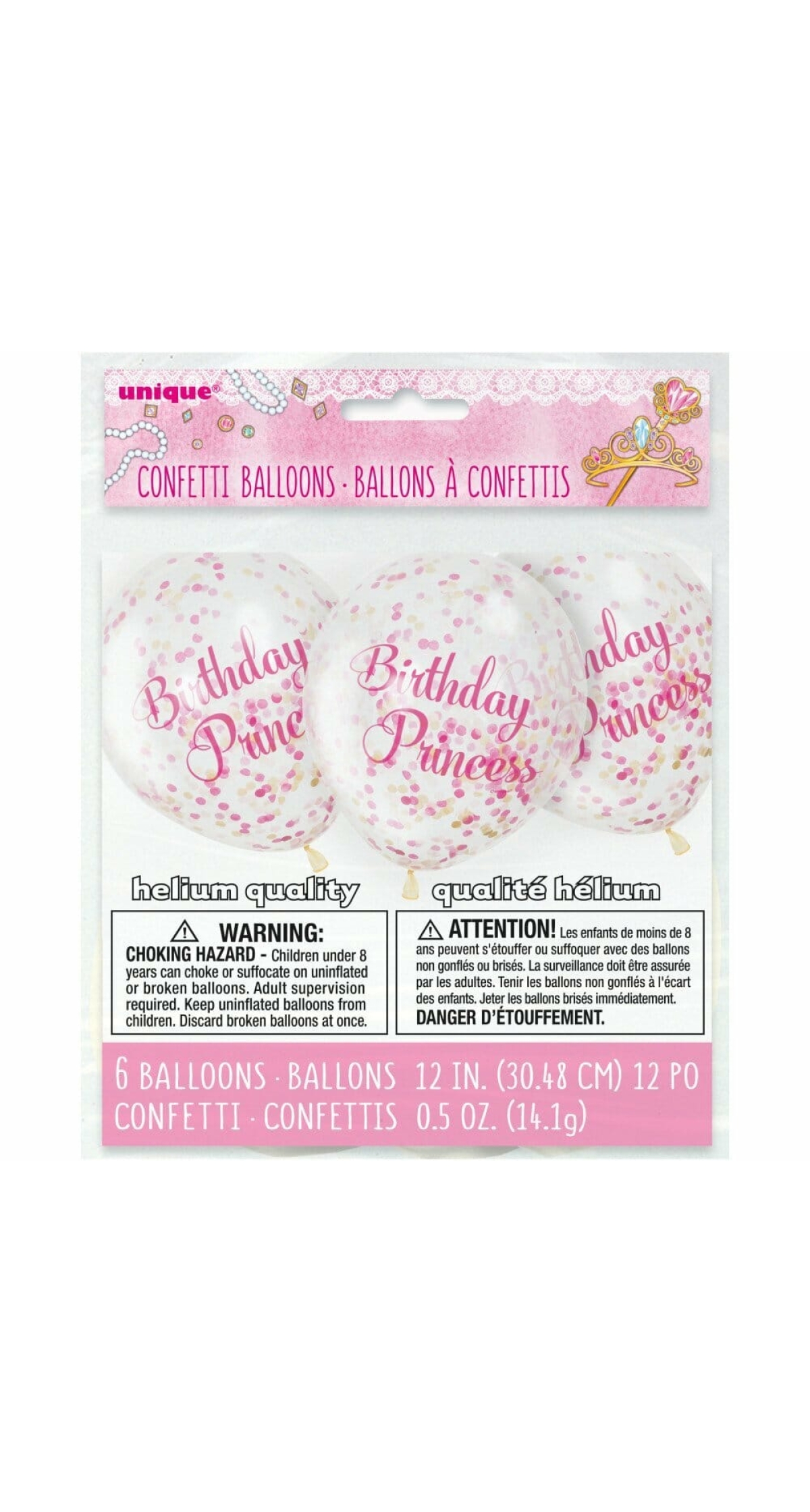 Pink Princess Clear Latex Balloons with Confetti 12 Inch - 6pk