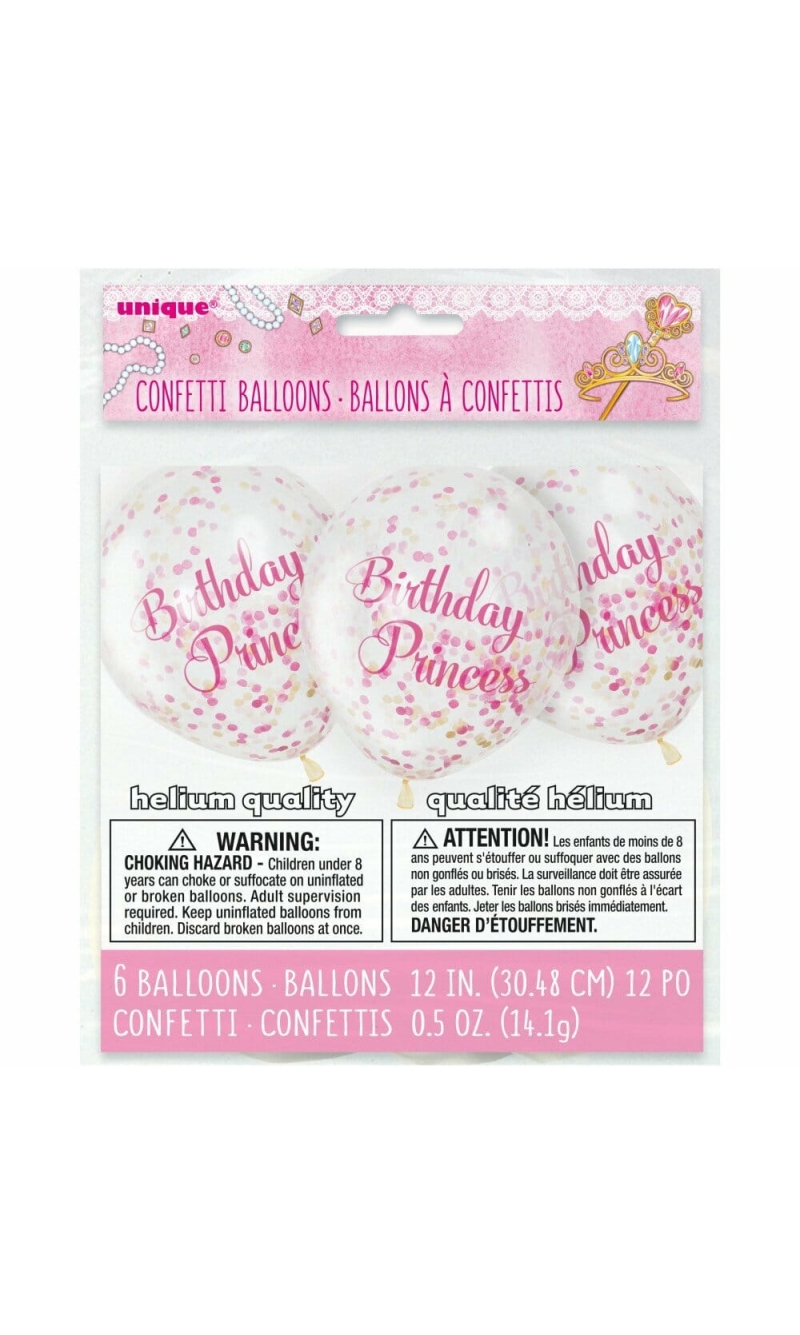 Pink Princess Clear Latex Balloons with Confetti 12 Inch - 6pk