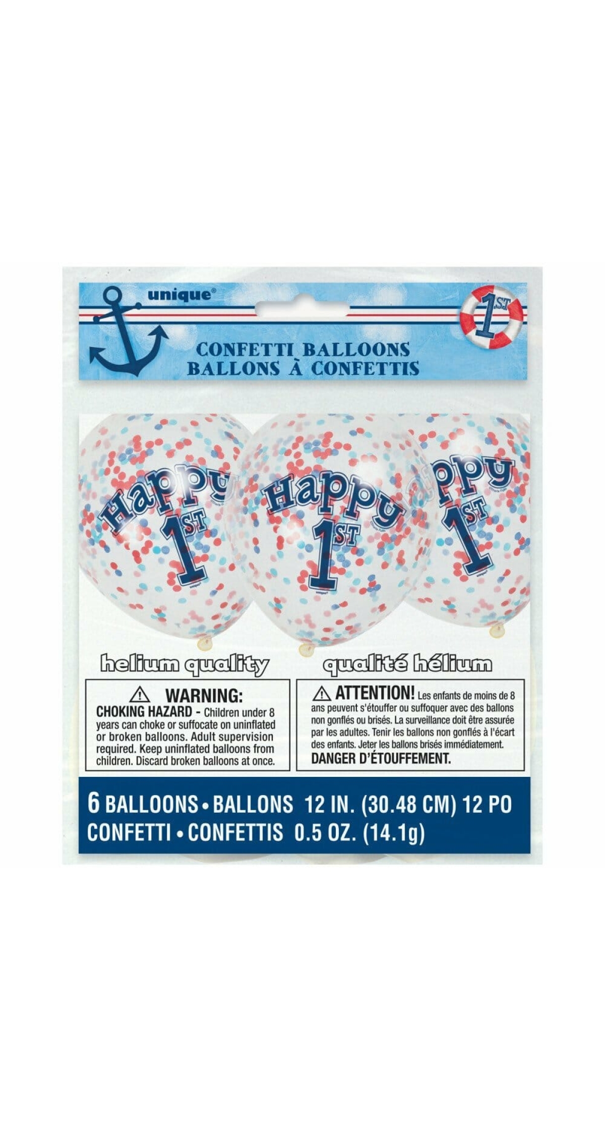 Little Sailor Nautical First Birthday Clear Latex Balloons with Confetti 12 Inch - 6pk