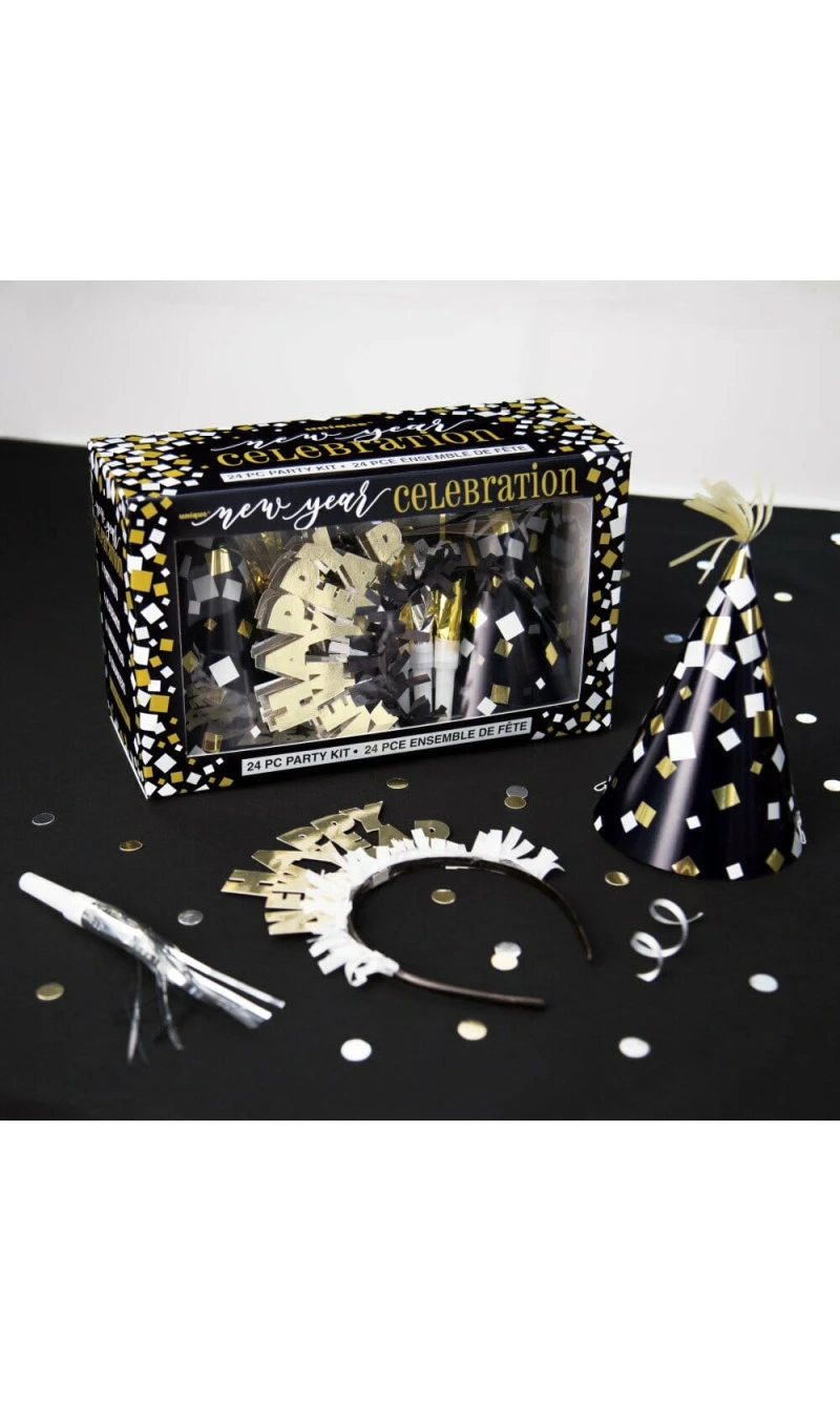 New Year's Eve Gold & Silver Party Kit For 8 People - 24pcs