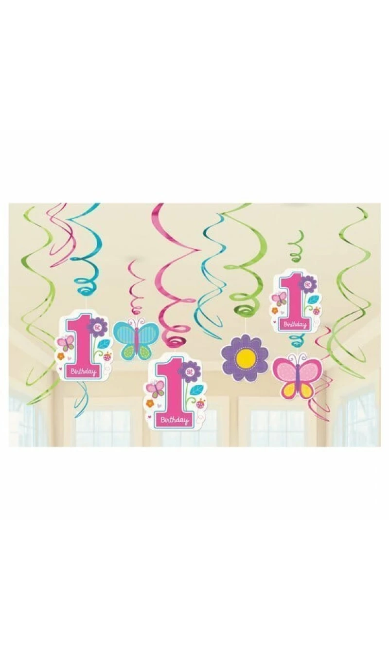 Sweet 1st Birthday Girl Swirl Decorations - 12pk