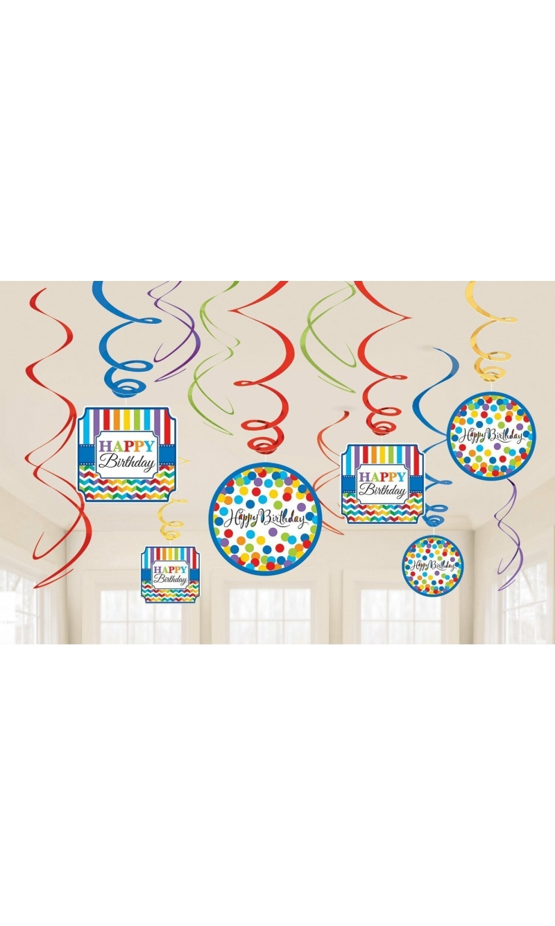 Bright Birthday Swirl Decorations - 12pk
