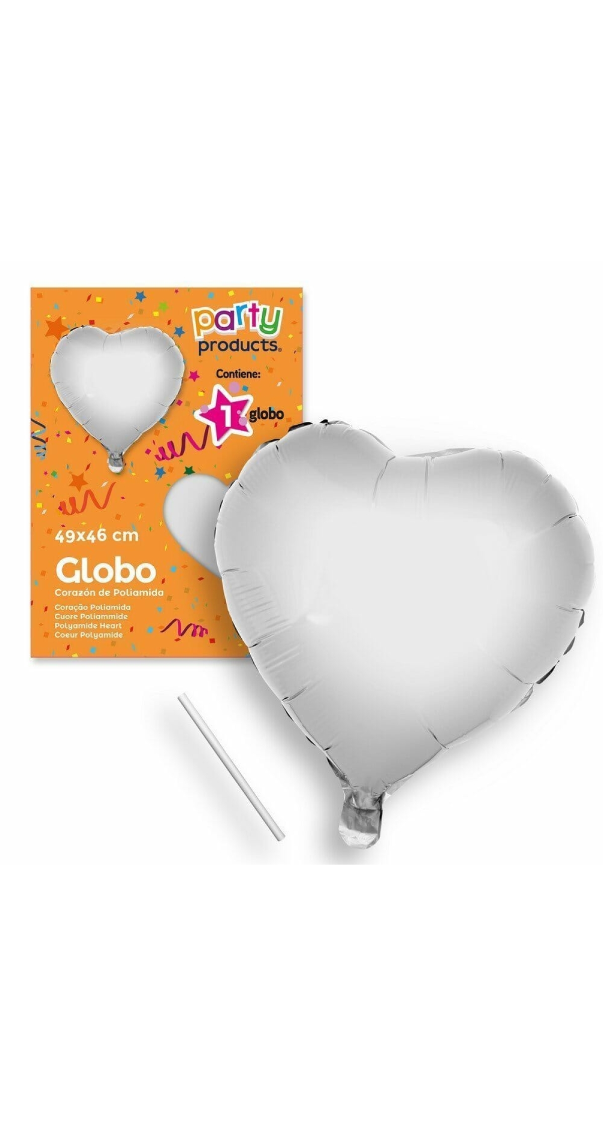 Polyamide Silver Heart Balloon + Stcik 49 X 46 cm