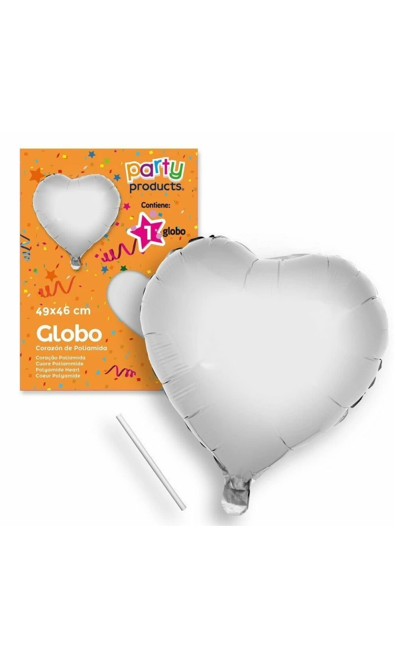 Polyamide Silver Heart Balloon + Stcik 49 X 46 cm