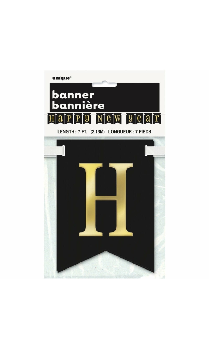 Foil Gold & Black Happy New Year Pennant Banner - 7 ft