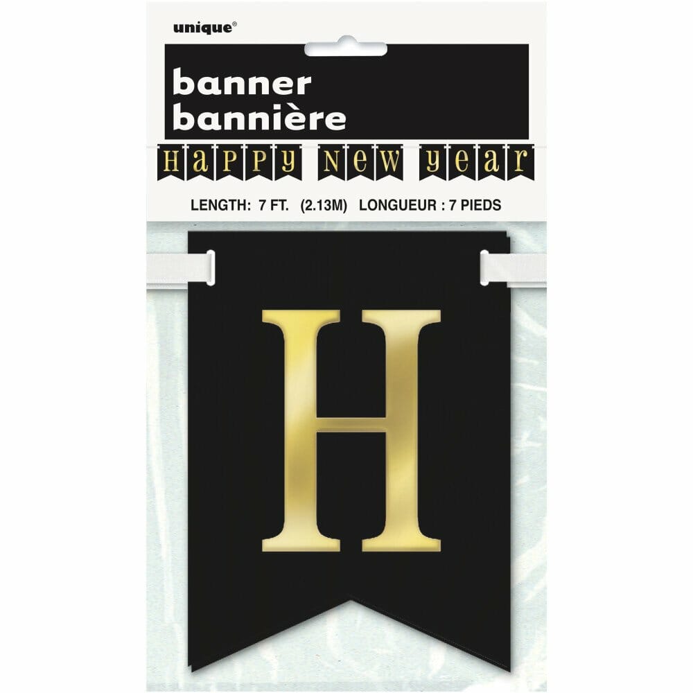 Foil Gold & Black Happy New Year Pennant Banner - 7 ft