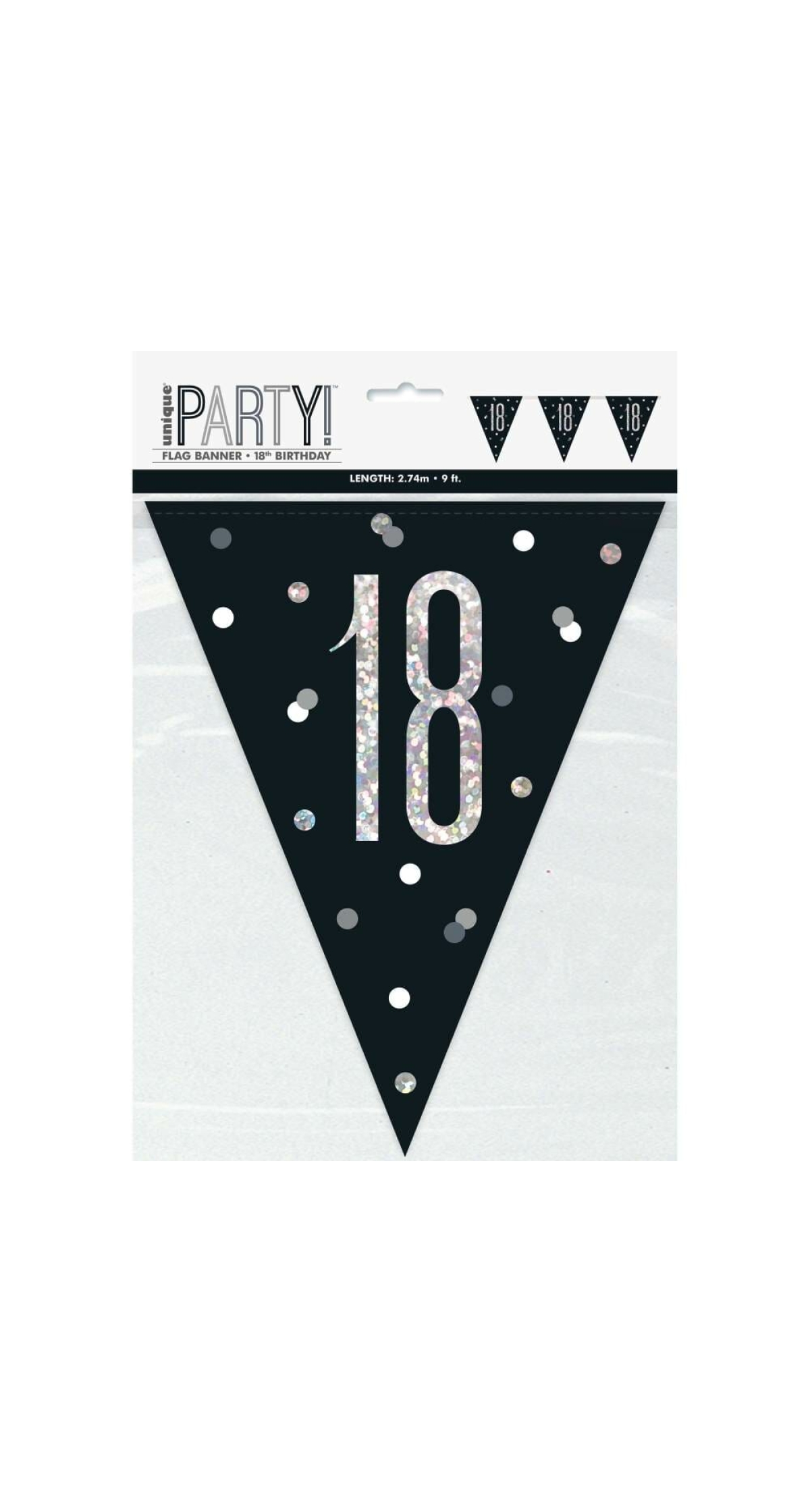 Birthday Black Glitz Number 18 Flag Banner - 9 ft