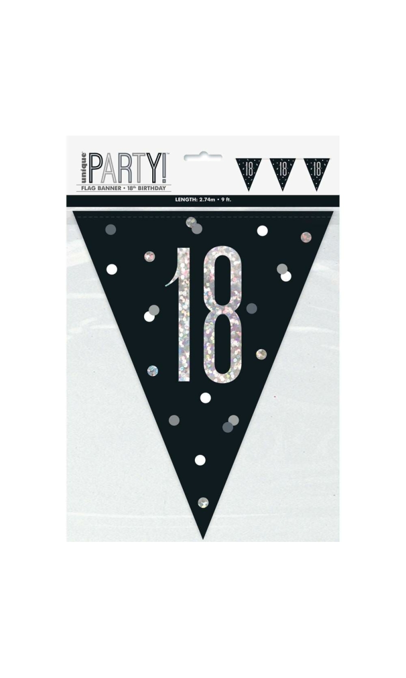Birthday Black Glitz Number 18 Flag Banner - 9 ft