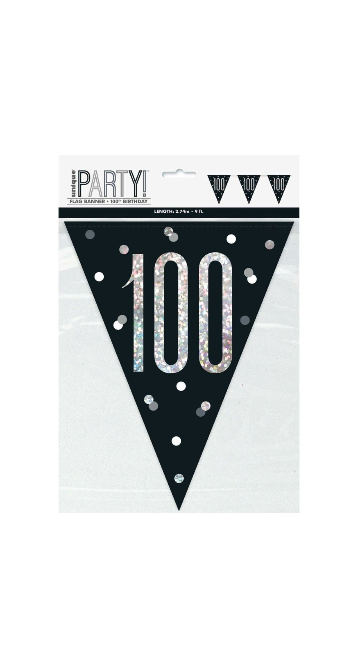 Birthday Black Glitz Number 100 Flag Banner - 9 ft