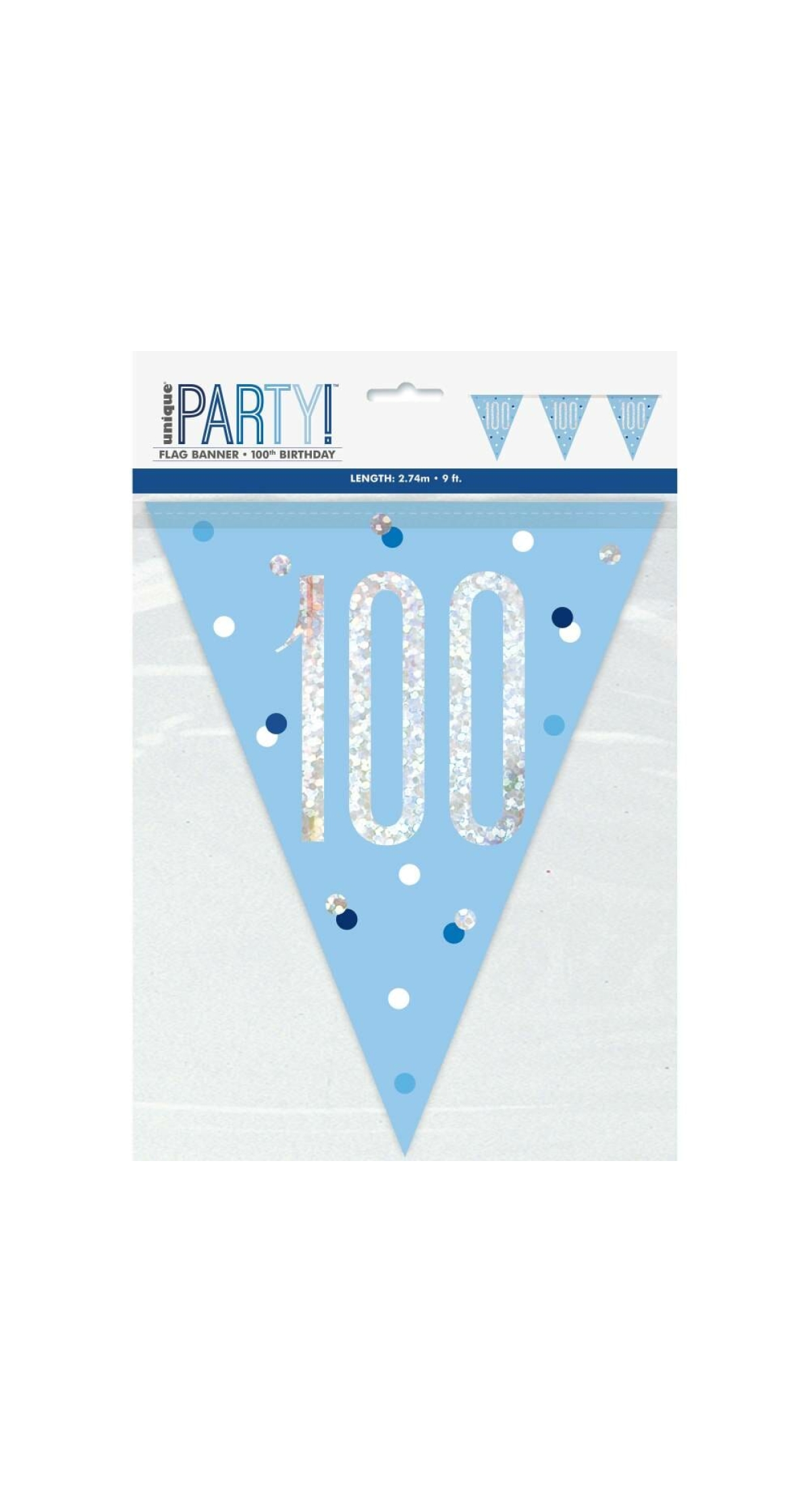 Birthday Blue Glitz Number 100 Flag Banner - 9 ft