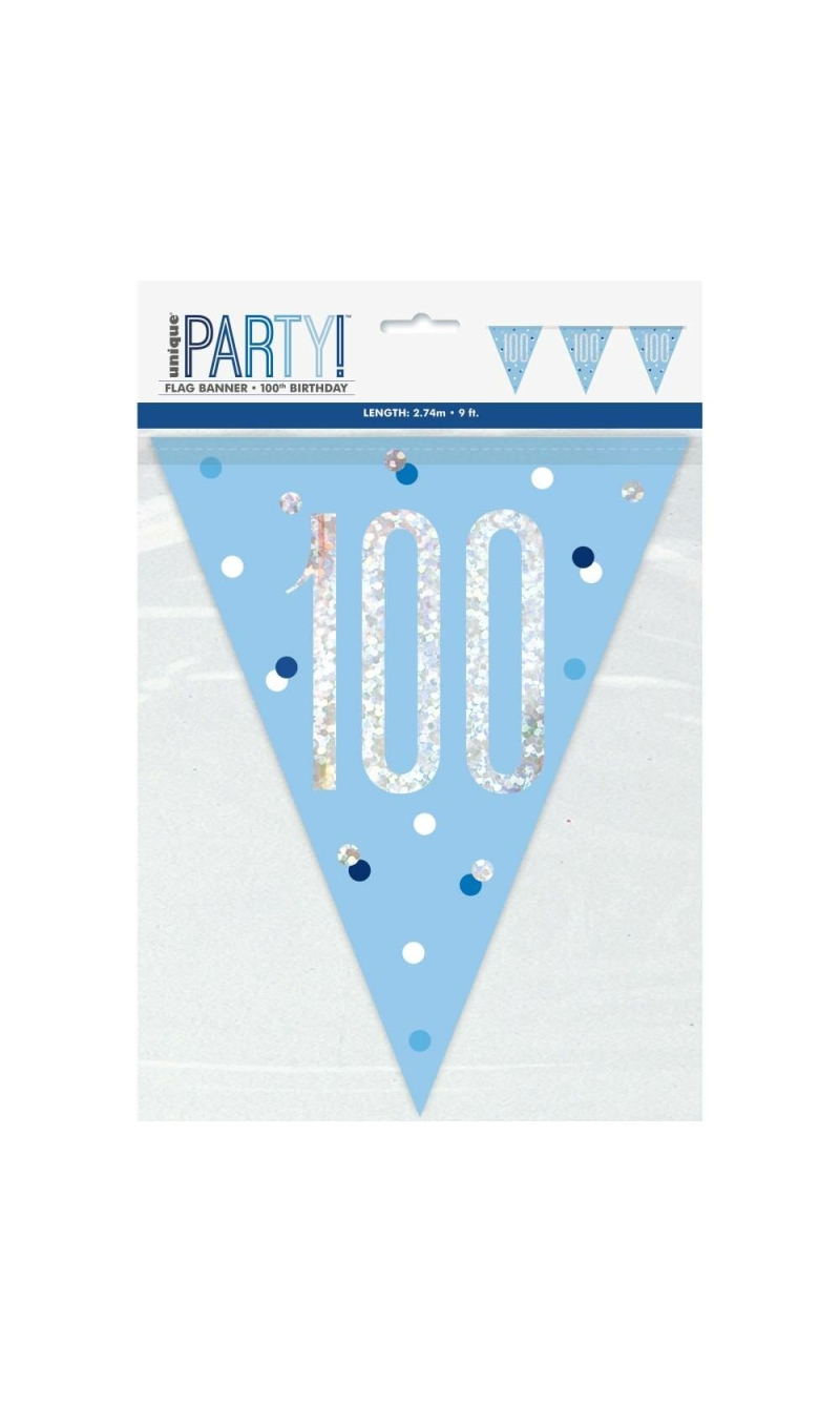 Birthday Blue Glitz Number 100 Flag Banner - 9 ft