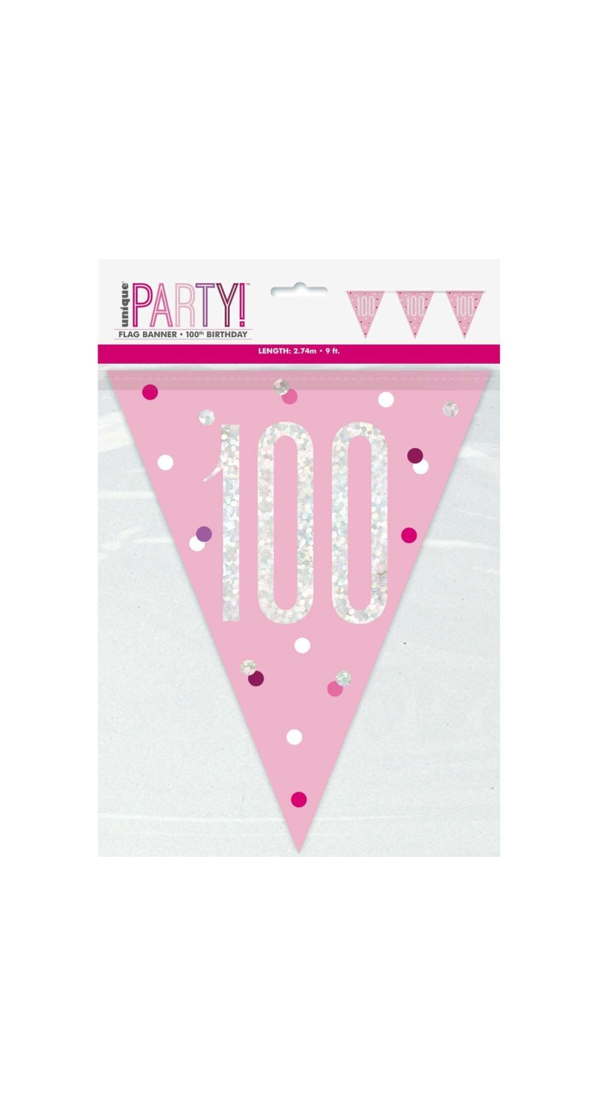 Birthday Pink Glitz Number 100 Flag Banner - 9 ft