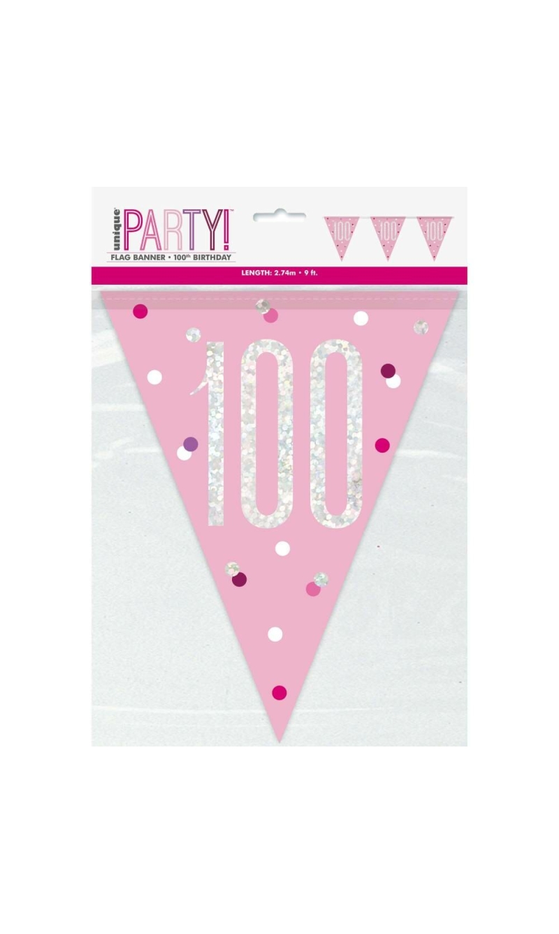 Birthday Pink Glitz Number 100 Flag Banner - 9 ft