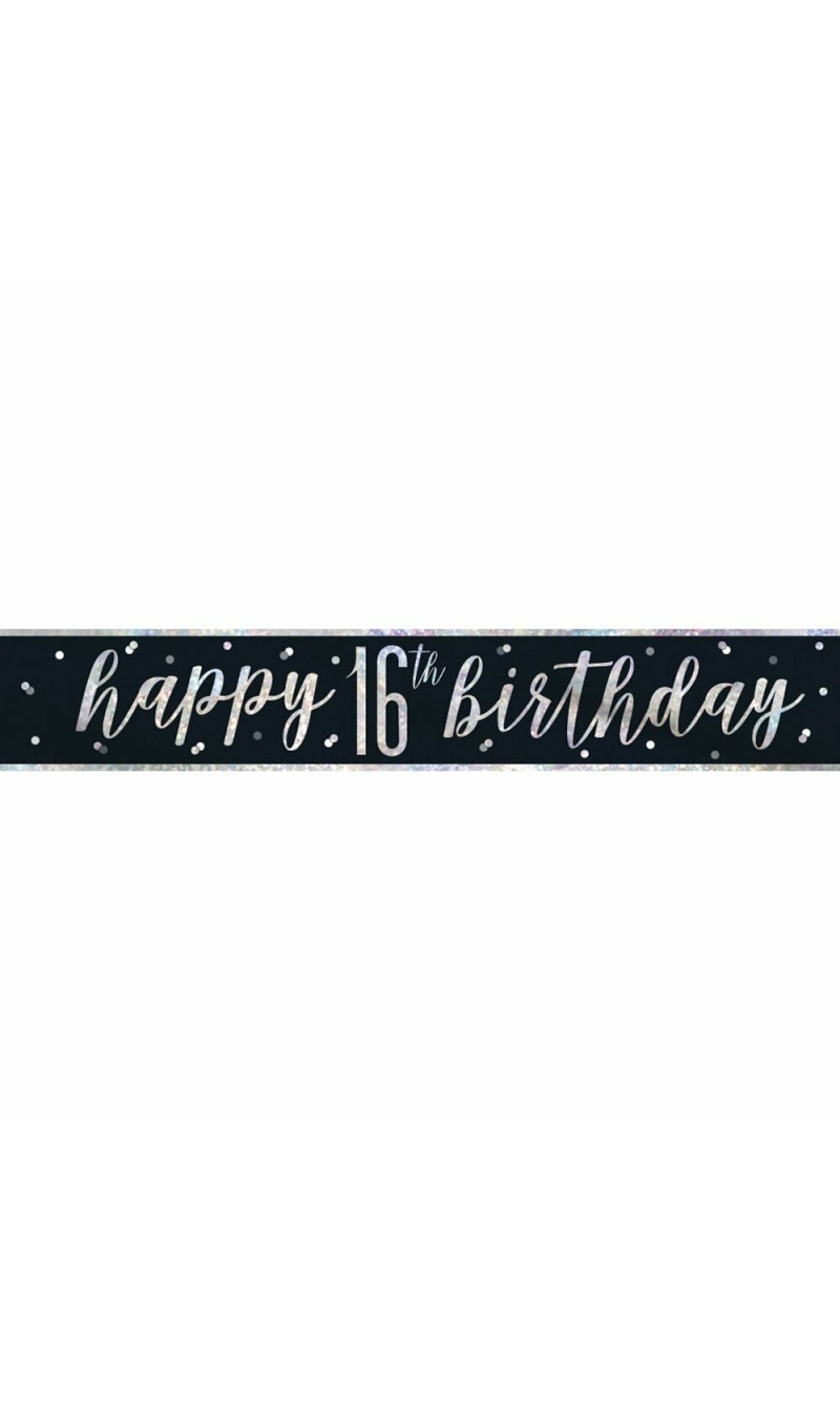 Glitz Black & Silver Foil Banner Happy 16th Birthday - 9 Feet