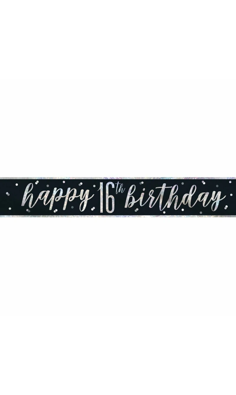 Glitz Black & Silver Foil Banner Happy 16th Birthday - 9 Feet