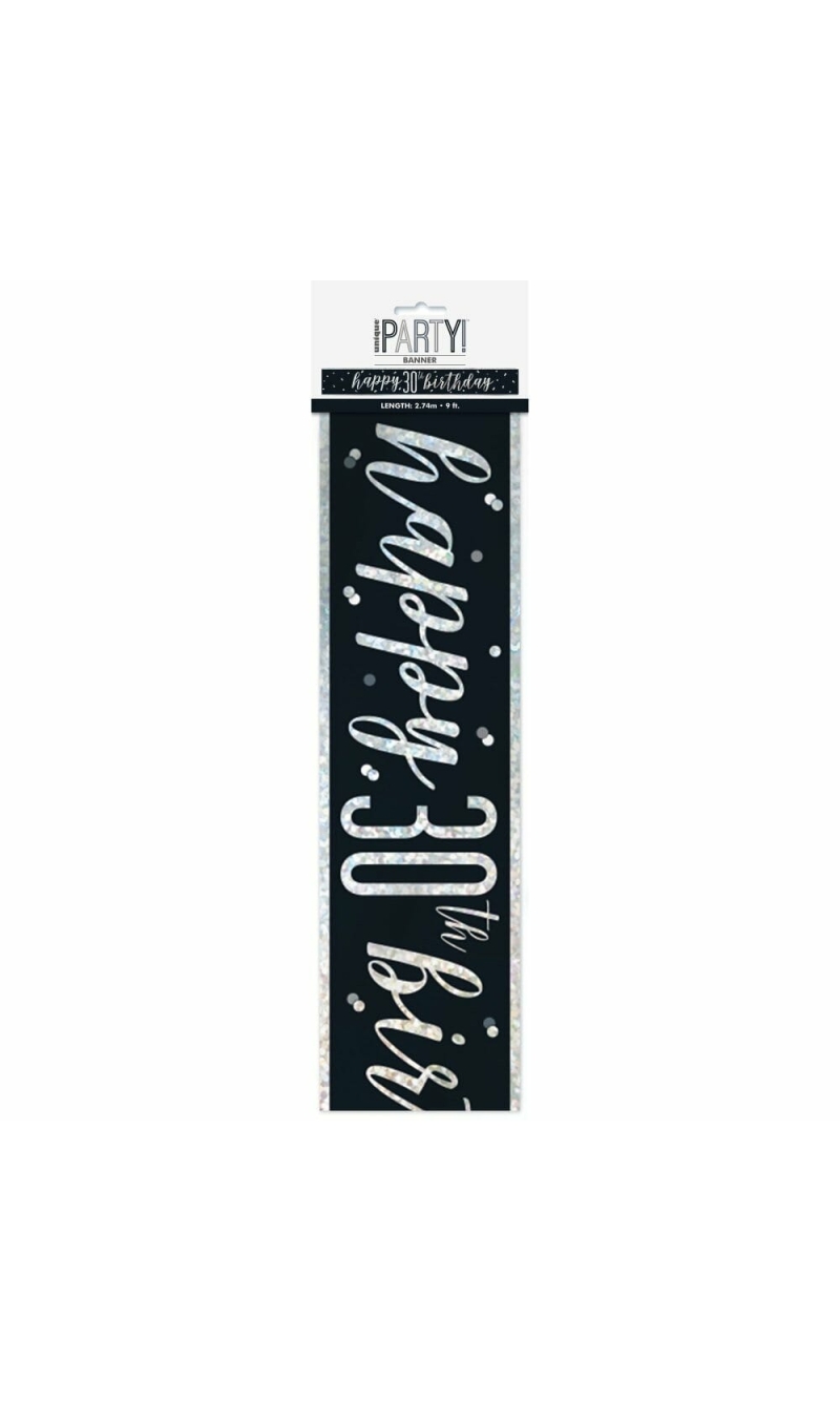 Glitz Black & Silver Foil Banner Happy 30th Birthday - 9 Feet