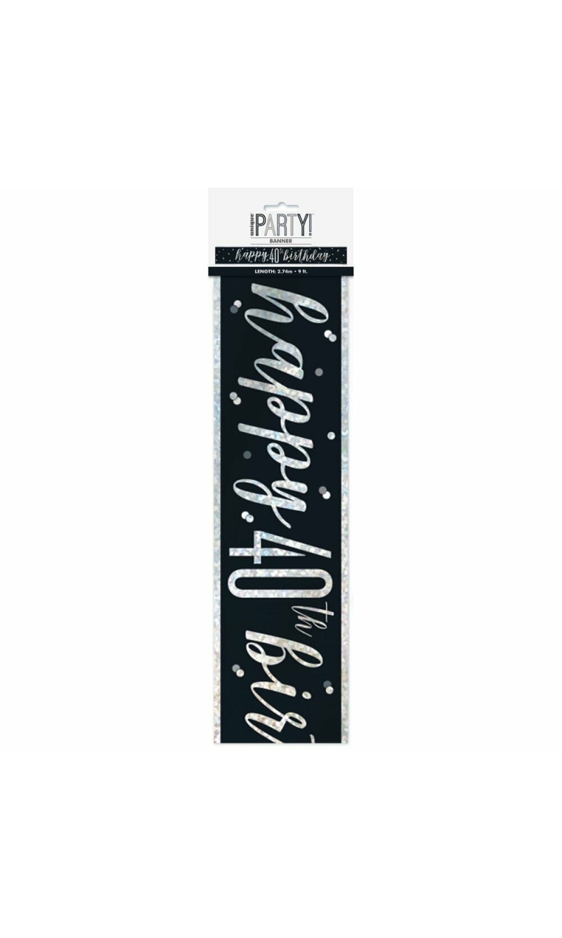 Glitz Black & Silver Foil Banner Happy 40th Birthday - 9 Feet