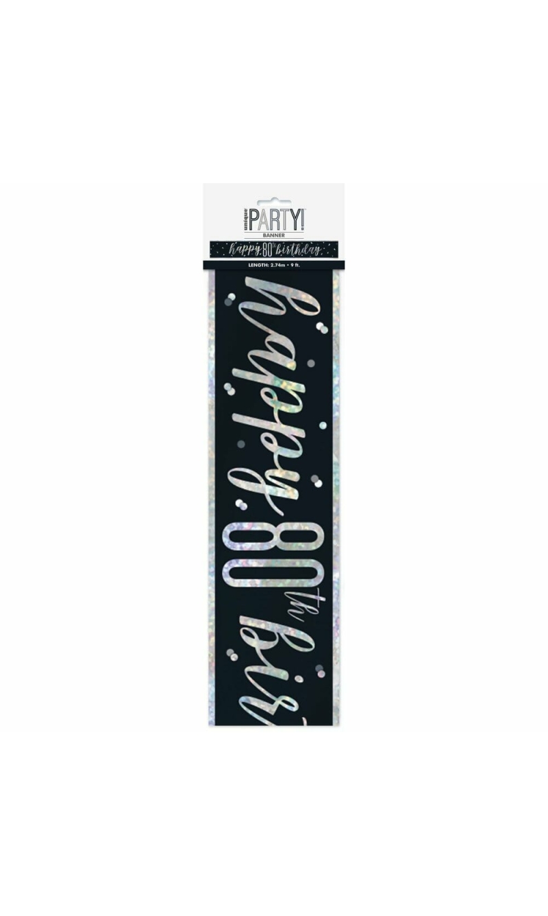 Glitz Black & Silver Foil Banner Happy 80th Birthday - 9 Feet