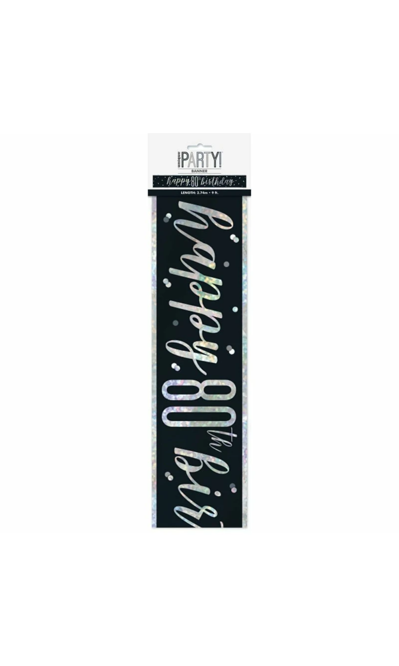 Glitz Black & Silver Foil Banner Happy 80th Birthday - 9 Feet