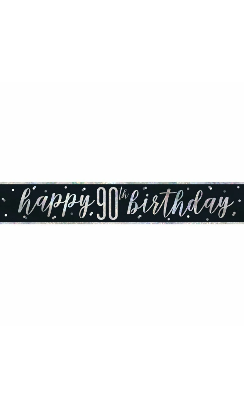 Glitz Black & Silver Foil Banner Happy 90th Birthday - 9 Feet